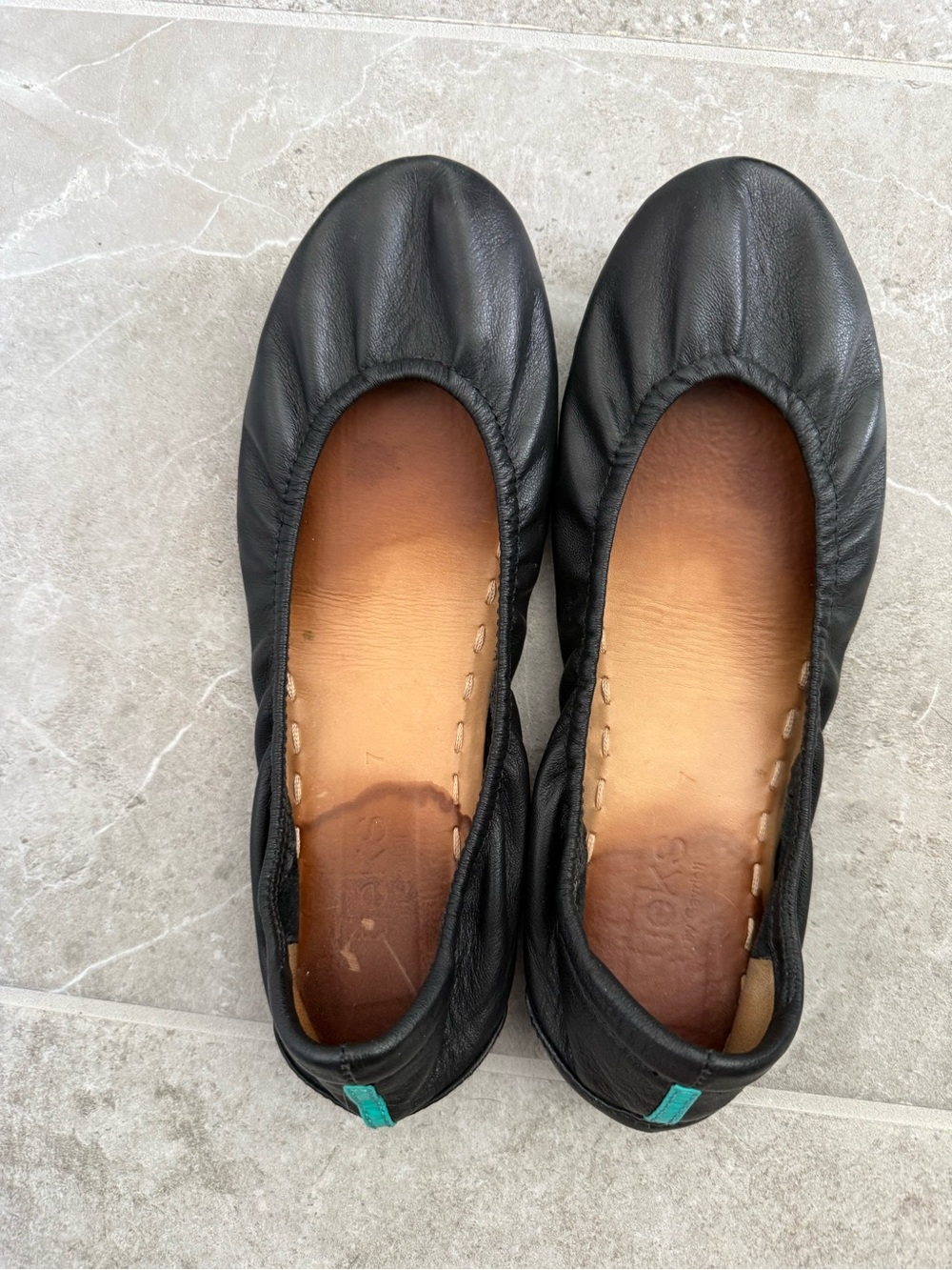 Tieks Black Leather Ballet Flats with Teal Heel Tab